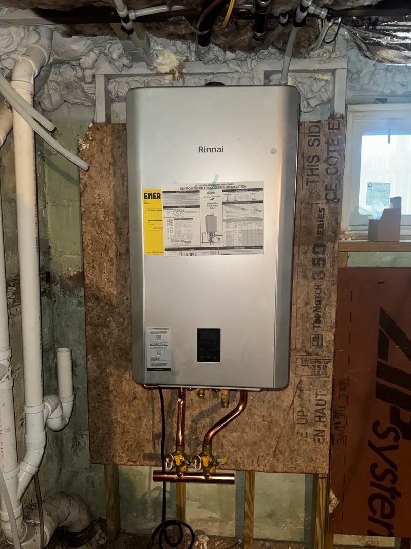 Rinnai tankless water heater on a plywood backboard in an older basement, with new copper connections and shutoff valves below